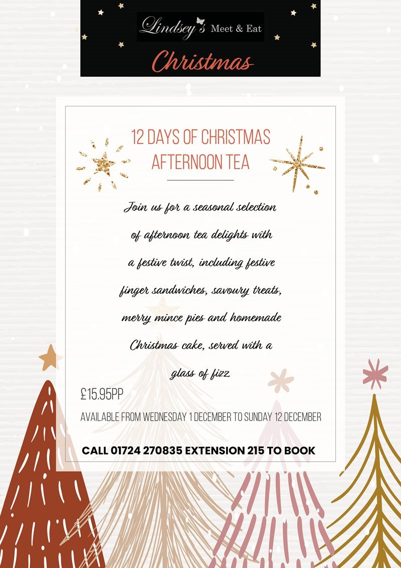 Poster displaying the 12 days of Christmas afternoon tea information